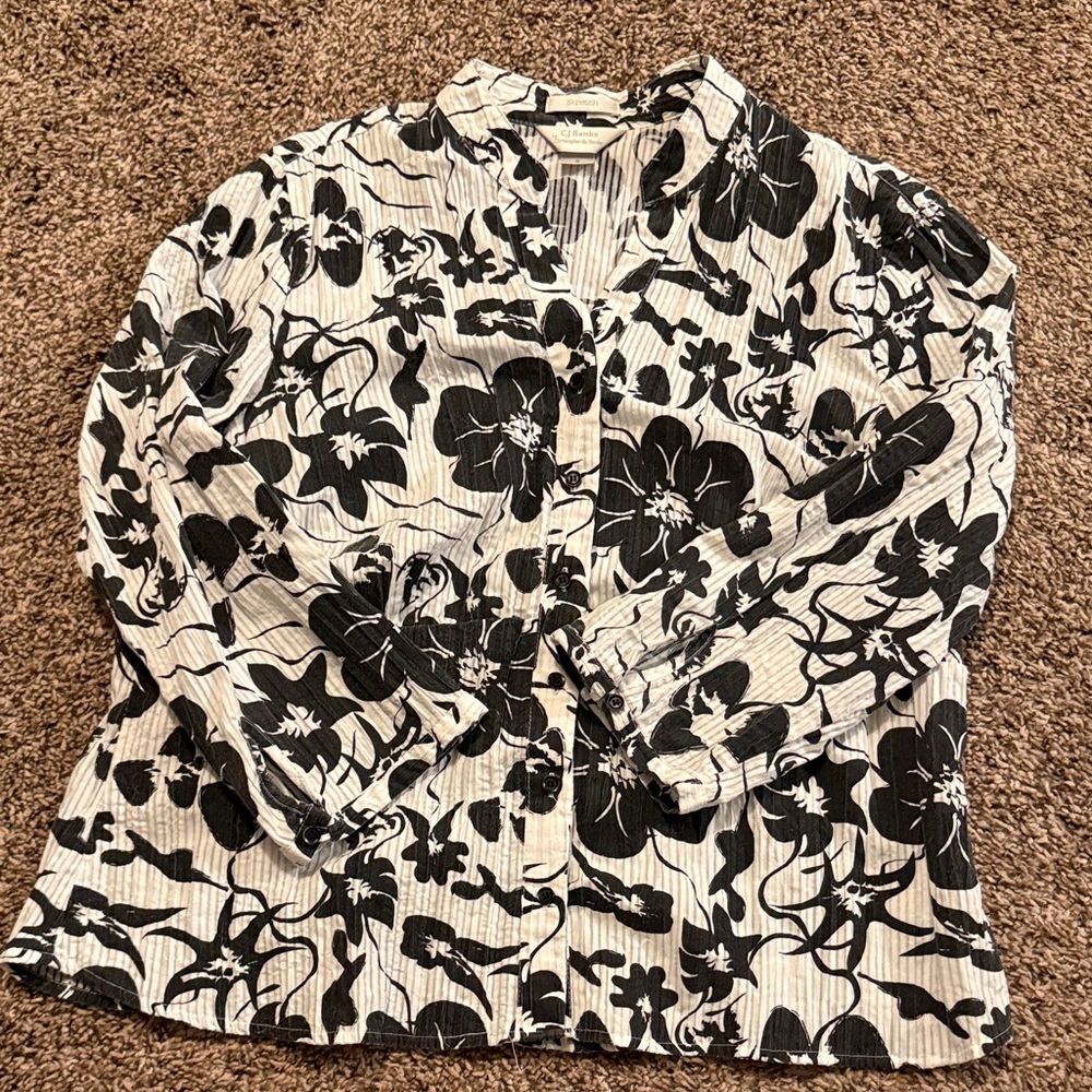 CJ Banks Black and White Floral Button Down Shirt